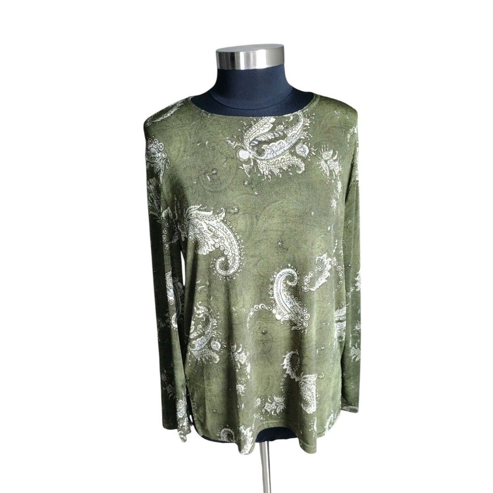 VTG 90s C.M. Shapes Olive Green Paisley Blouse Top Boho Art Teacher Size Large